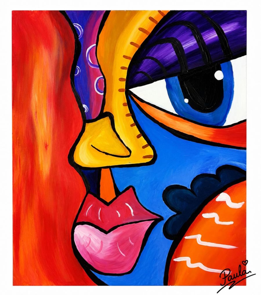 Bold pop-art face painting in red, blue and orange