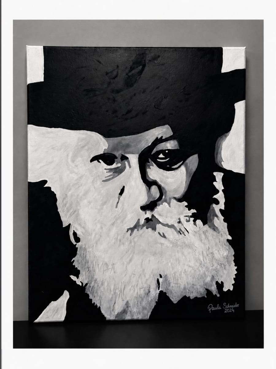 Black and white acrylic portrait of a bearded man in a black hat, signed Paula Schneider