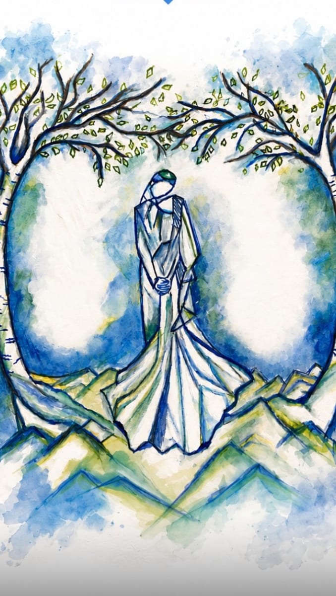 Watercolor of two figures embracing beneath a tree
