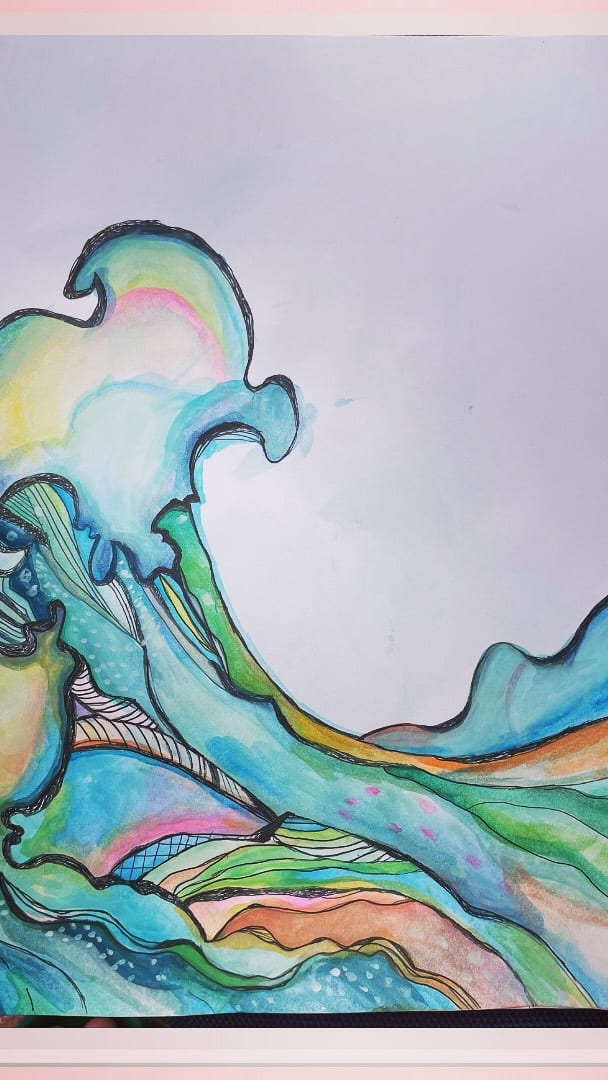 A curling wave painted in watercolor and ink